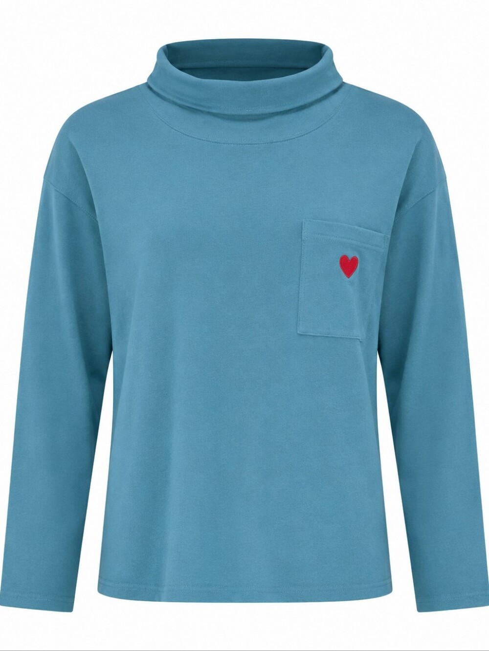 NWT Preloved Long-Sleeve Minimalist Teal Mock Neck Women Top with Pocket Heart L
